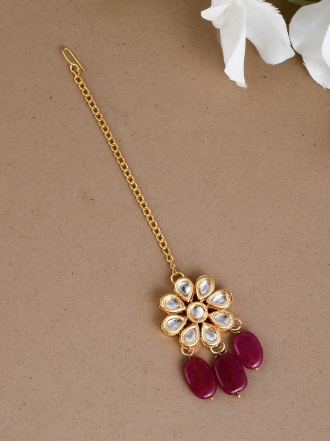 

Silvermerc Designs Gold-Plated White & Maroon Kundan-Studded & Beaded Handcrafted Maang Tika