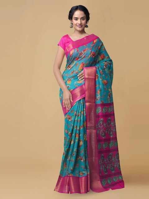 

Unnati Silks Blue Silk Cotton Printed Chanderi Saree