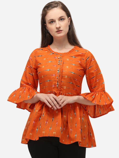 

VENISA Orange Printed Bell Sleeves Cinched Waist Top