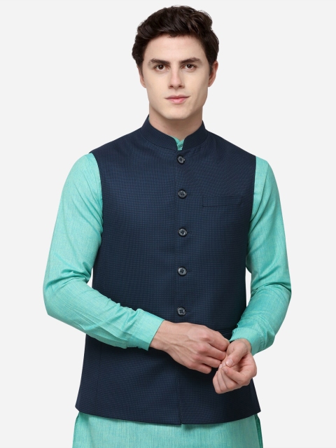 

MODI JACKET Men Navy Blue Woven Nehru Jacket