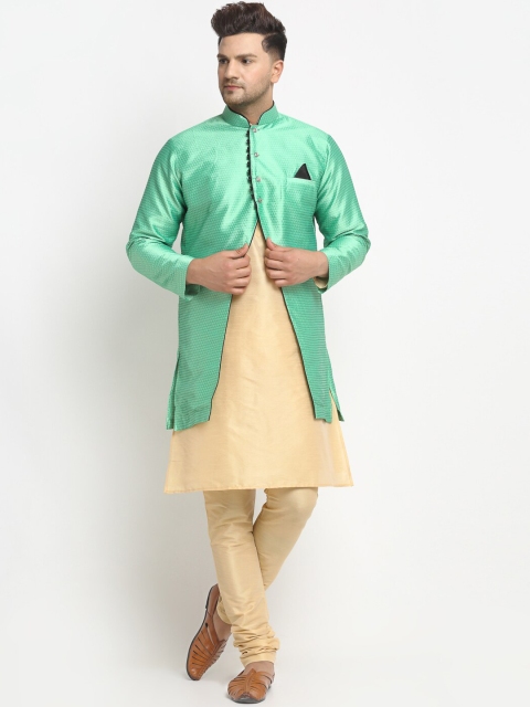 

Benstoke Men Gold-Coloured & Lime Green Self-Design Sherwani Set