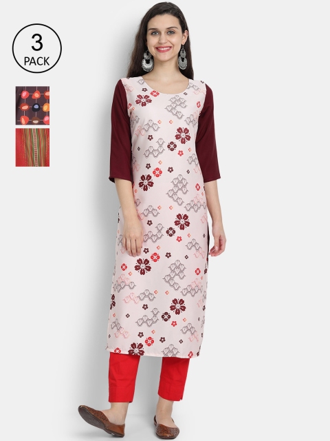 

7Threads Women Pack of 3 Crepe Kurtas, Maroon