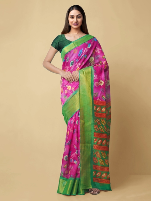 

Unnati Silks Pink & Green Silk Cotton Printed Chanderi Saree