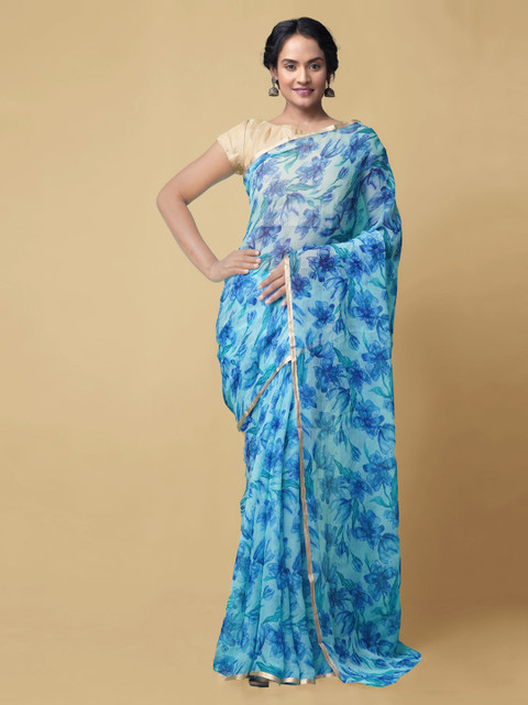 

Unnati Silks Blue Pure Chiffon Printed Baluchari Saree