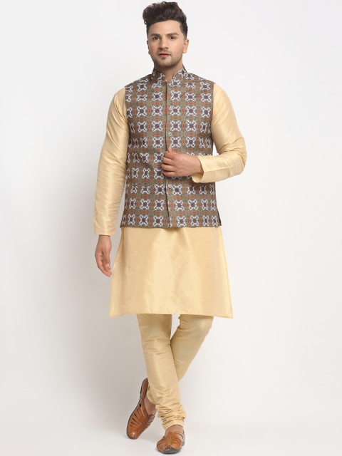 

Benstoke Men Gold-Toned & Green Solid Kurta with Churidar & Nehru Jacket