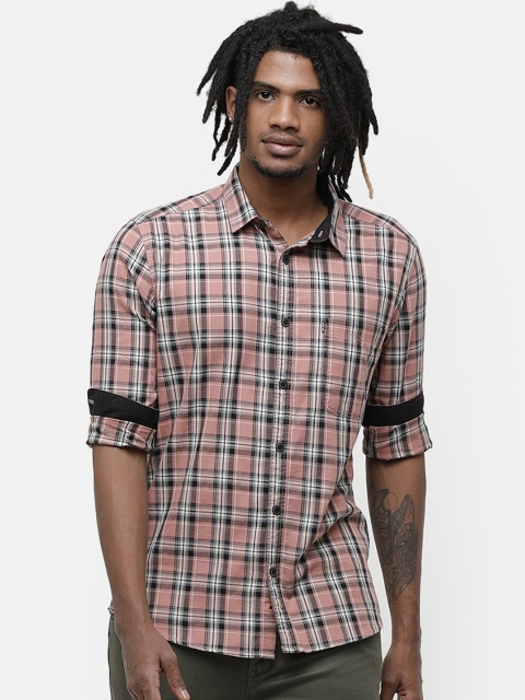 

Voi Jeans Men Peach-Coloured & Black Slim Fit Checked Casual Shirt