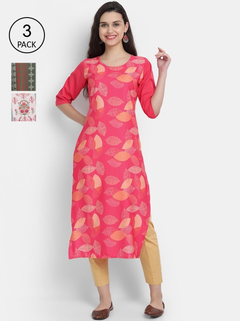 

7threads Women Pack of 3 Multicoloured Ethnic Motifs Printed Thread Work Crepe Kurta, Multi