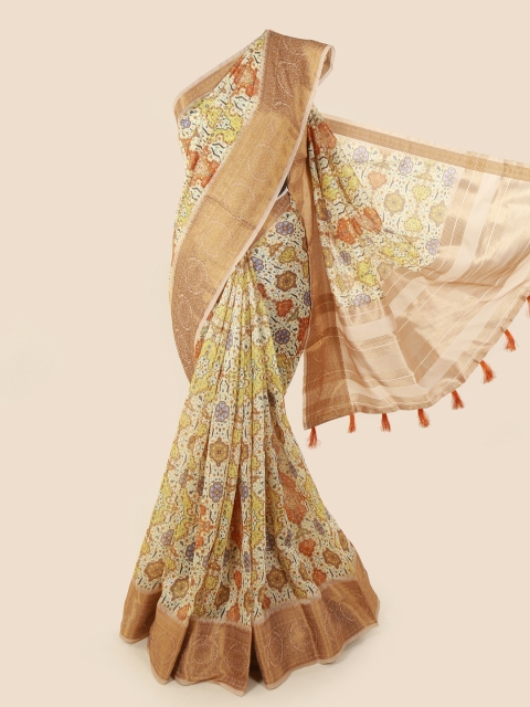 

Pothys Cream-Coloured & Yellow Cotton Blend Printed Chanderi Saree