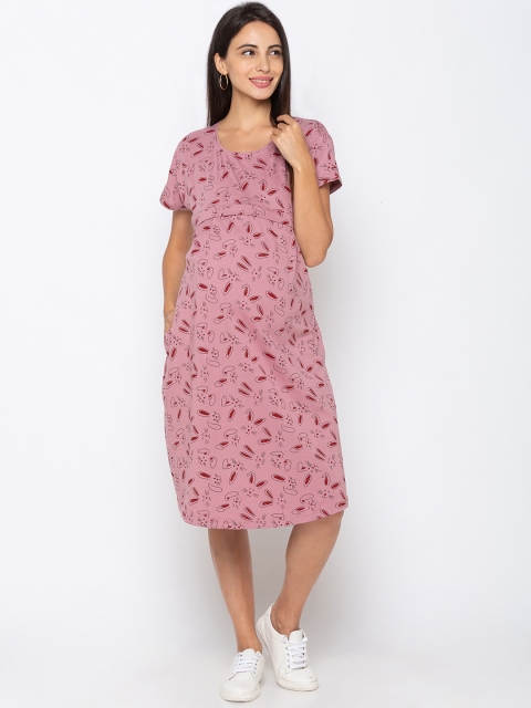 

MomToBe Women Pink & Black Printed Maternity & Feeding Nightdress