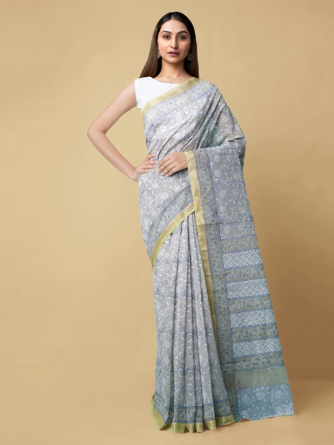 Unnati Silks Grey Silk Cotton Printed Chanderi Saree