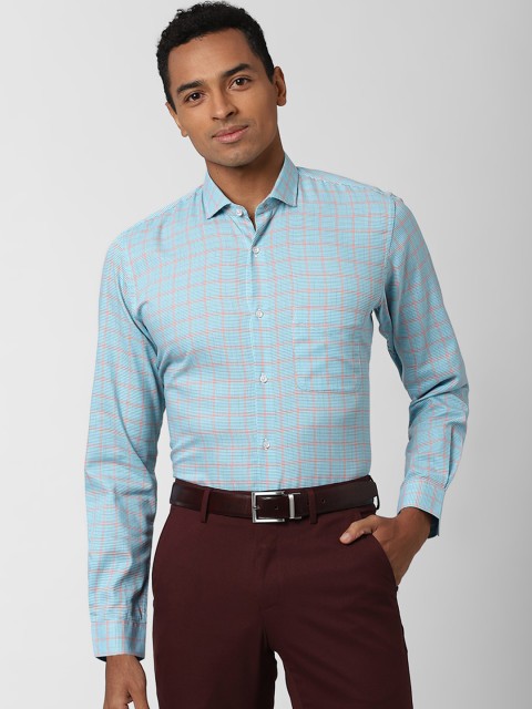 

Peter England Men Turquoise Blue & Brown Slim Fit Checked Casual Shirt