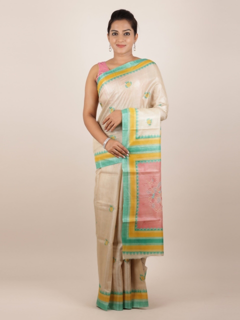 

Pothys Cream-Coloured Pure Silk Printed Tussar Saree