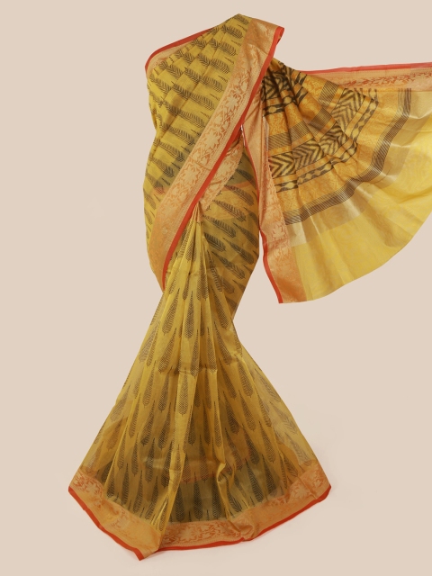 

Pothys Mustard Printed Supernet Saree