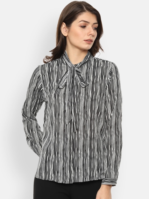 

Van Heusen Woman Black & Off White Striped Tie-Up Neck Shirt Style Top