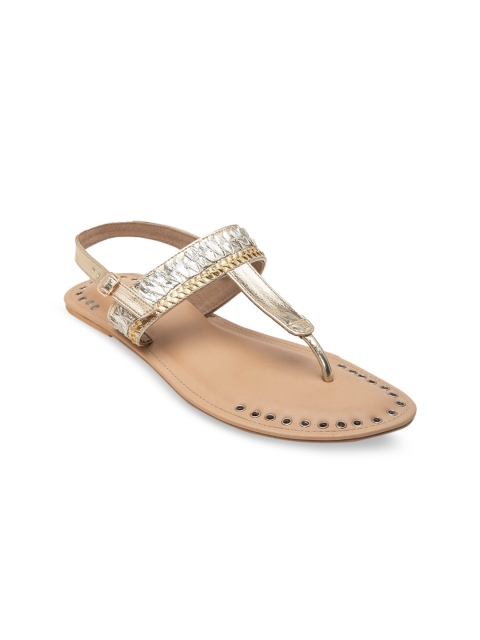 

Biba Women Gold-Toned Solid Lace T-Strap Flats