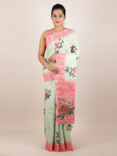 

Pothys Green & Pink Pure Silk Printed Tussar Saree