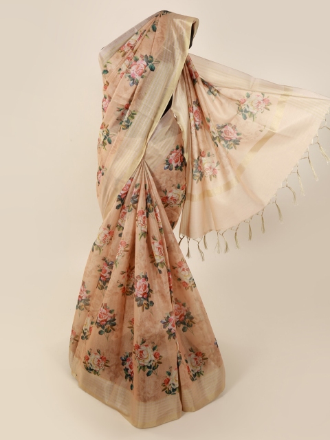 

Pothys Peach-Coloured Printed Tissue Saree