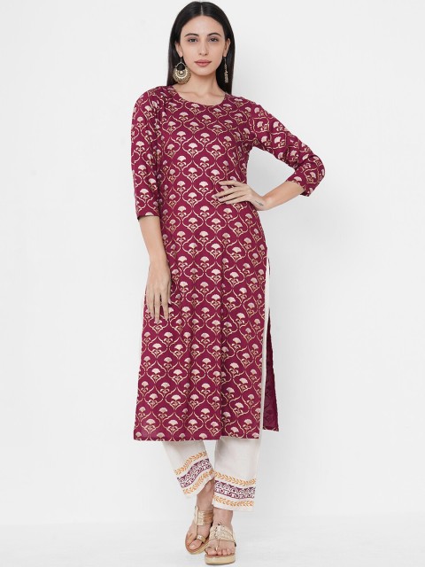 

FASHOR Women Maroon Floral Printed Kurta