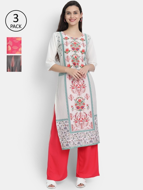 

7threads Women Pack Of 3 Multicoloured Ethnic Motifs Printed Crepe Kurta, Multi