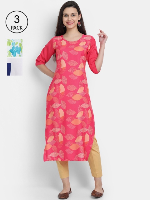

7Threads Women Multicoloured Set of 3 Ethnic Motifs Printed Crepe Kurta, Multi