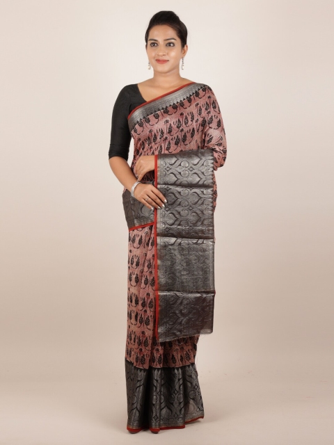 

Pothys Peach-Coloured & Grey Pure Silk Printed Tussar Saree