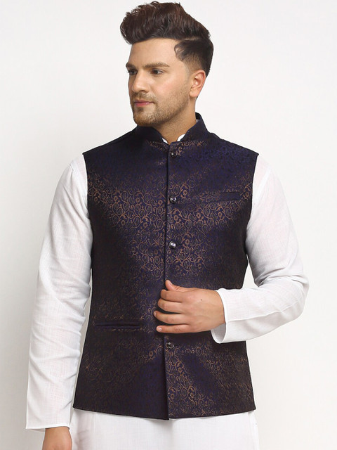 

TREEMODA Men Navy Blue & Golden-Color Woven Design Brocade Silk Nehru Jacket