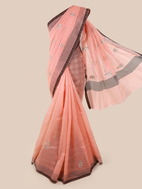 

Pothys Peach-Coloured Embroidered Supernet Saree