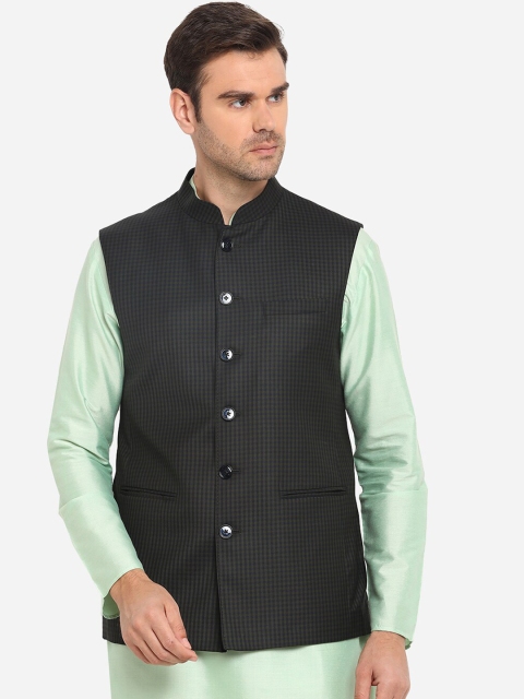 

MODI JACKET Men Navy Blue & Green Checked Woven Nehru Jacket
