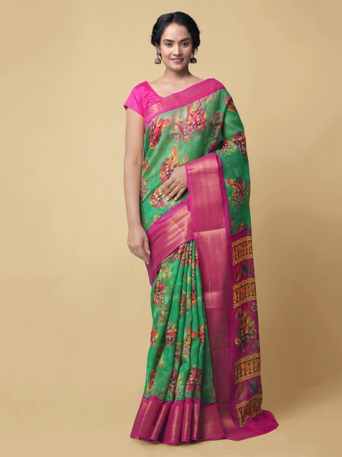 

Unnati Silks Green Silk Cotton Printed Chanderi Saree
