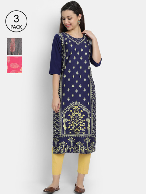 

7Threads Women Pack Of 3 Digital Printed Crepe Kurta, Multi