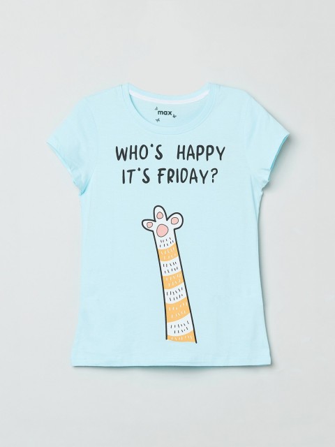 

max Girls Blue Yellow Printed Round Neck Pure Cotton T-shirt
