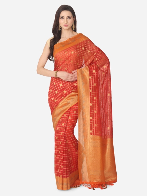 

BOMBAY SELECTIONS Maroon Organza Checked Banarasi Saree