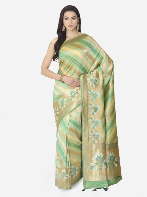 

BOMBAY SELECTIONS Green & Gold-Toned Silk Blend Striped Banarasi Saree