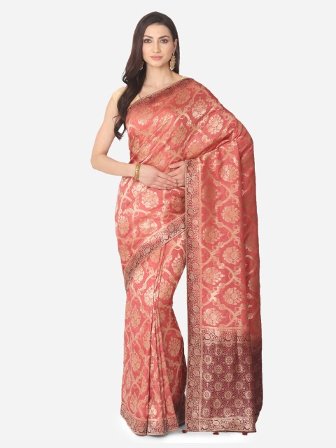 

BOMBAY SELECTIONS Pink & Gold-Toned Silk Blend Woven Design Banarasi Saree
