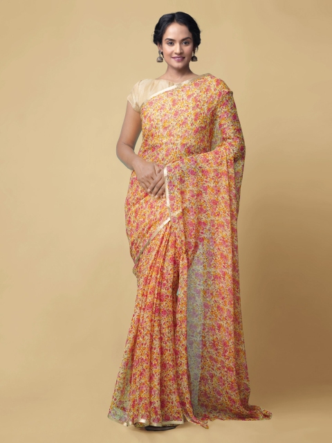 

Unnati Silks Yellow Pure Chiffon Printed Baluchari Saree