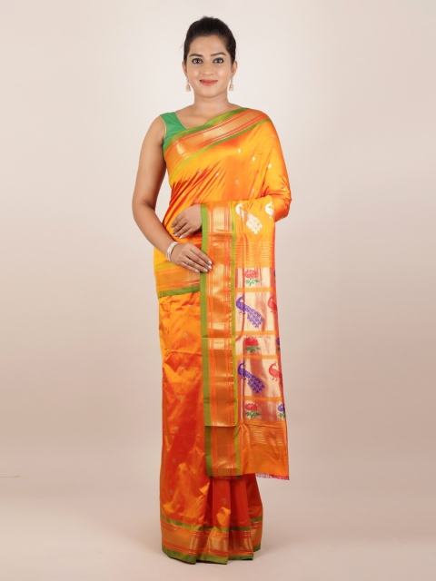 

Pothys Orange & Silver-Toned Pure Silk Woven Design Paithani Saree