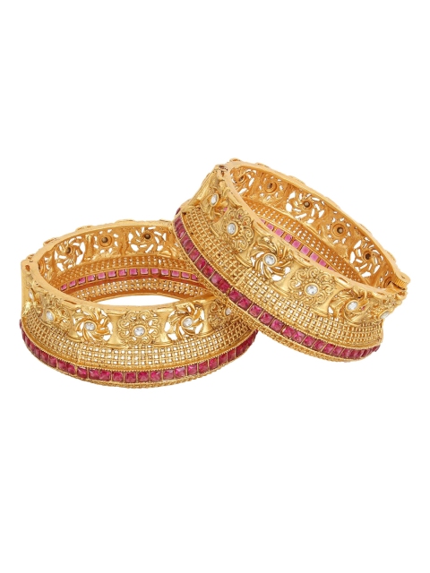 

Adwitiya Collection Set of 2 24-CT Gold-Plated Magenta Pink & White Stone-Studded Handcrafted Bangles