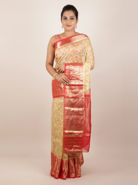 

Pothys Cream-Coloured & Red Pure Silk Embroidered Saree