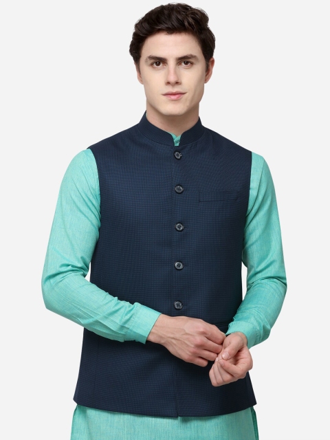 

MODI JACKET Men Navy Blue Checked Woven Nehru Jacket