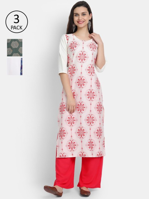 

7Threads Women Multicoloured Set of 3 Ethnic Motifs Printed Crepe Kurta, Multi