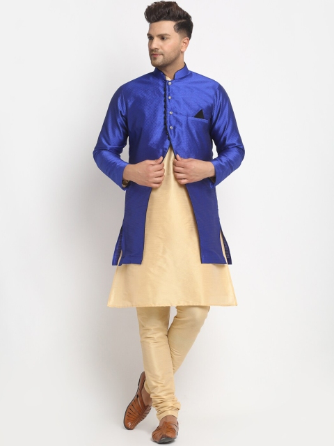 

Benstoke Men Gold-Coloured & Blue Woven-Design Sherwani Set