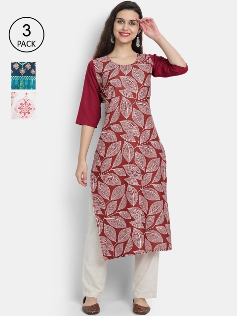 7Threads Women Pack of 3 Printed Crepe Kurtas, Maroon