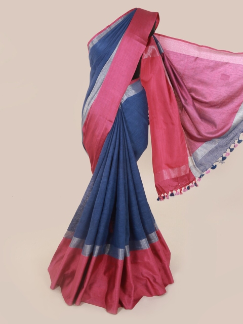 

Pothys Navy Blue & Pink Linen Blend Colourblocked Saree