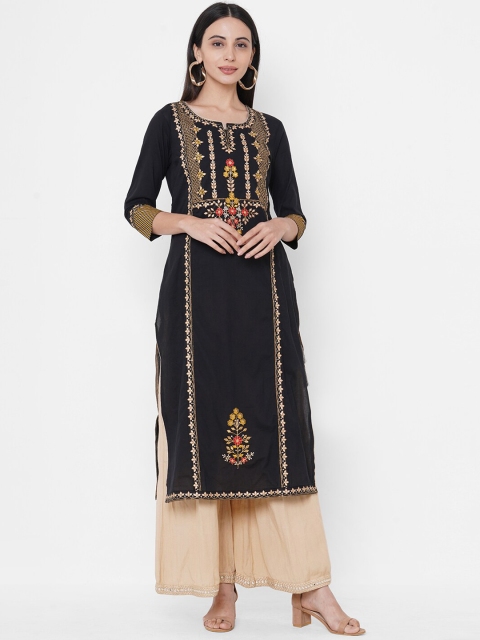 

FASHOR Women Black Ethnic Motifs Embroidered Kurta