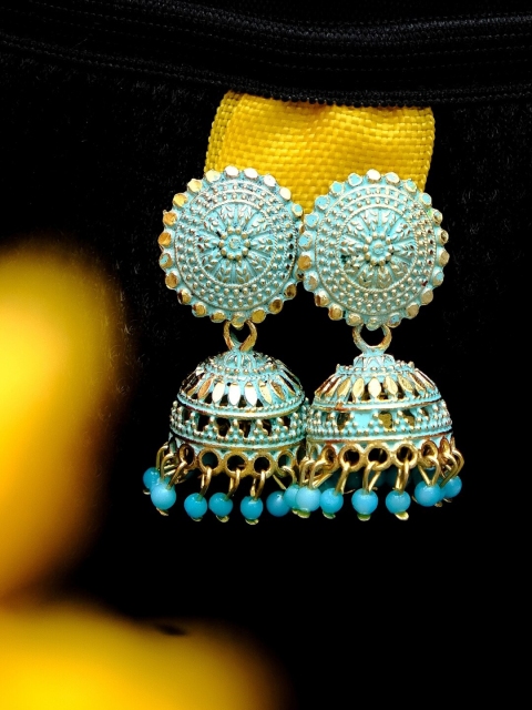 

Crunchy Fashion Turquoise Blue & Gold-Toned Dome Shaped Jhumkas