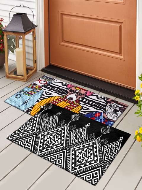 

Story@home Set Of 2 Printed Velvet Finish Anti-Skid Doormats, Black