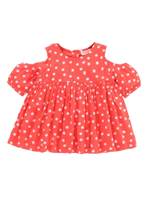 

Hugsntugs Girls Coral Printed Cold-Shoulder Sleeves Pure Cotton A-Line Top