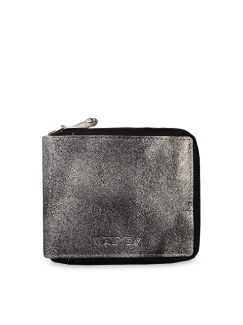 

ABYS Men Grey & Black Textured Zip Around Wallet