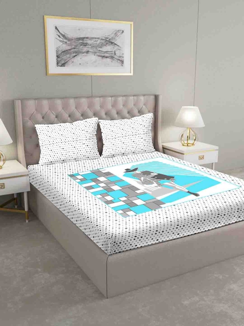 

BELLA CASA Blue Conversational 124 TC Cotton King Bedsheet with 2 Pillow Covers