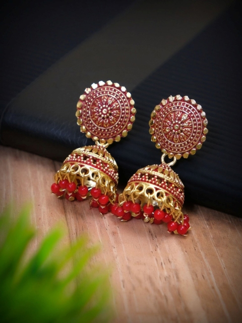 

Crunchy Fashion Red & Gold-Toned Dome Shaped Jhumkas